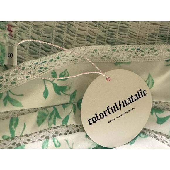 NWT Colorful Natalie White Green V-neckline Short Sleeves Mini Dress Size Small - Picture 6 of 6